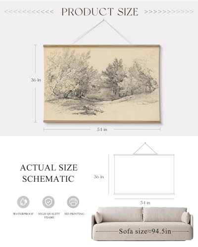 ARPEOTCY Extra Large Vintage Framed Wall Art, 36x54 Inch Sketch Forest Landscape Hanging Canvas Prints, Scroll Wall Decor for Living Room Bedroom, Retro Scenery Pictures Above of Bed - color: Sketch Deep Forest