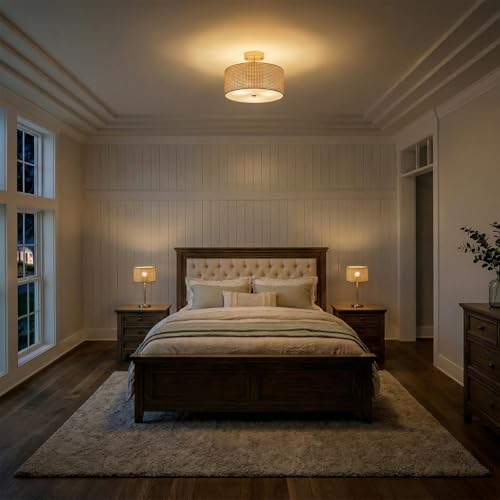 13" Woven Rattan Boho Ceiling Light Fixture, 3-Light Modern Semi Flush Mount Lamp with Drum Fabric Shade, Rustic Brown Lighting for Bedroom, Dining Room, Living Room, Hallway, Entryway - color: Deep Brown