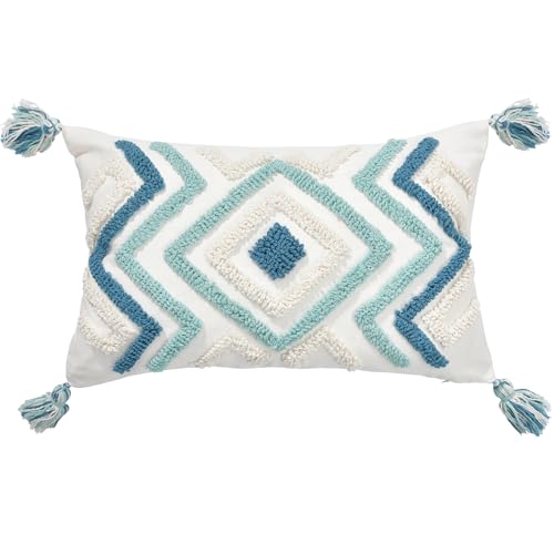 Boho Pillow Covers 12X20 Inch Boho Tufted Throw Pillow Covers Decorative Tassels Cushion Cover Farmhouse Pillow Case for Couch Sofa Bed Living Room Bedroom, Teal - color: Boho Multi-teal, size: 20" x 12" (Pack of 1)