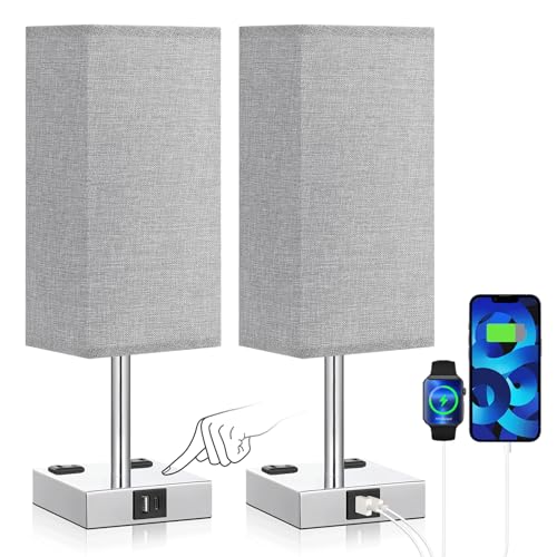 aooshine Gray Set of 2 Touch Lamps with USB Port Nightstand Lamp with USB-C+A Charge Ports & AC Outlets, 3-Way Dimmable Bedside Lamp, Small for Bedroom Living Room (Bulb Included) - color: Gray-Silver