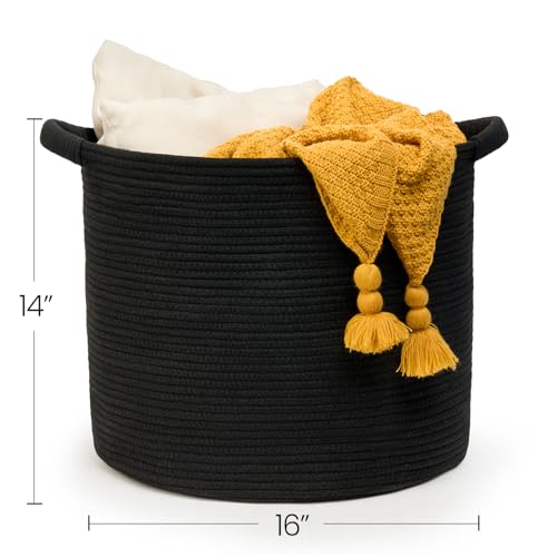 Blanket Basket (16" Dx14 H) - Round Woven Rope Storage for Living Room Throws, Pillows & Laundry- Black - color: Black, size: 16" X 16" X 14"