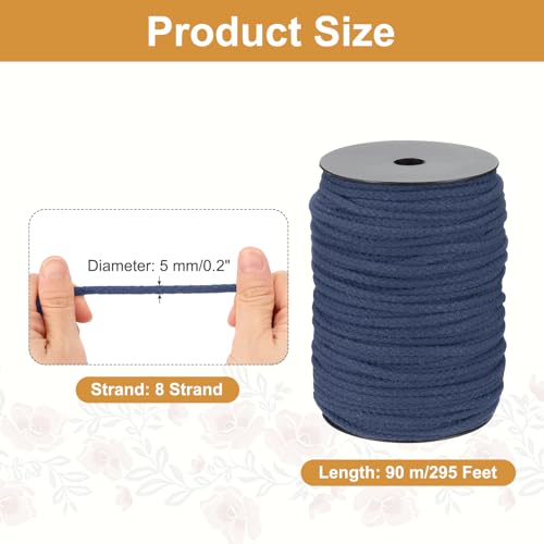 MECCANIXITY Macrame Cord 5mm x 295 ft Handmade Natural Cotton Rope, 8 Strand Twisted Braided Rope Cord for Plant Hanger Wall Hanging Dream Catcher Crafts Home Decoration, Navy Blue - color: Navy Blue