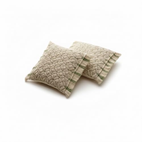AVOIRR Handmade Macrame Cushion Cover 16x16 Inch – Boho Decorative Throw Pillow Cover, Natural White & Olive Cotton Woven Bohemian Pillow Case for Sofa, Couch, Bed & Living Room Decor