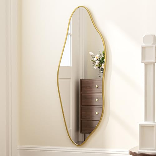 Keonjinn Gold Irregular Mirrors for Wall 60" x 20" Inch, Asymmetrical Metal Frame, Tempered Glass Decorative Mirror for Bathroom, Bedroom, Living Room, Entryway(Horizontal/Vertical) - color: Gold, size: 20"L x 60"W