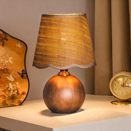 11.4" Modern Wooden Bedside Table Lamp, Small Nightstand Desk Lamp with Fabric Shade, Warm Ambient Light, Dimmable E26 Socket with Bulb Included for Bedroom Living Room (Fabric) - color: Scalloped Fabric+Solid Wood Base