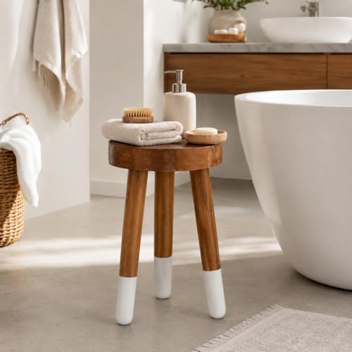 Teak 11.8" Round Dip Dyed Teak Stool | Wood Accent Side Table | Wood Plant Stand (20" Tall White) - color: 20" Tall White