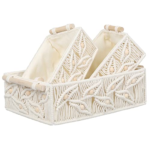 ANMINY 3PCS Macrame Storage Baskets for Organizing Boho Decor Baskets Storage Bins with Wood Handles Handmade Decorative Storage Boxes Desk Toilet Tank Bathroom Self Basket Organizer - Leaves w/Beads - color: Leaves with Wood Beads (Set of 3)