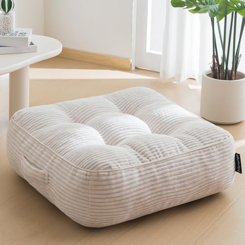 HIGOGOGO 8" Extra Thick Floor Pillow Cushion for Adults, Meditation Cushion Pillow, Large Square Floor Sitting, Tufted Corduroy Cover, for Tatami Living Room or Yoga, 22x22 Inch, Beige - color: Square Beige, size: 8" Thick(Pack of 1)
