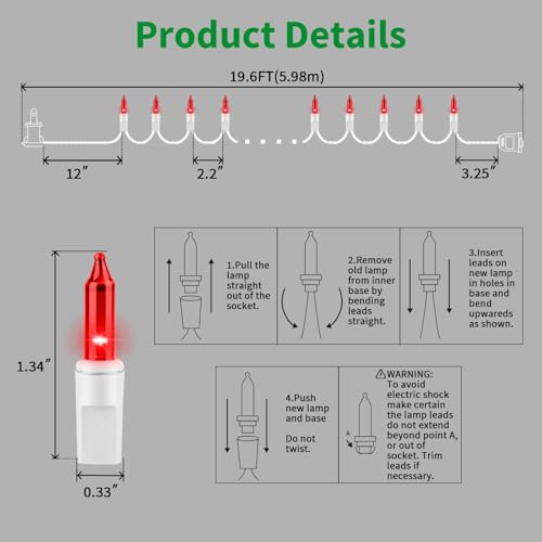 LAMPHOME RED Christmas Lights Set 100 Count 19.6 Feet Incandescent Bulb Mini String Lights for Indoor Christmas Tree Garland Birthday Wedding Party Festival Decoration, White Wire - color: Red-White Wire