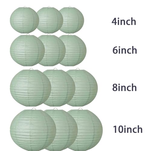 Dusty Sage Green Paper Lanterns Decorative Hanging Lanterns - Soft Matte Wedding Party Décor, Indoor Outdoor Boho Home Decoration (Size of 4”, 6”, 8”, 10”,12pc Set) - color: Sage Green, size: 4、6、8、10inch