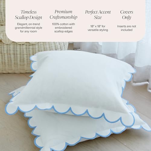 BEBE BASK Scalloped Pillow Cover - Set of 2-18 x 18 Inch - Scallop Pillow Cover – White and Blue Scalloped Pillows - Scallop Pillows - 100% Cotton - Grandmillennial Style (White/Blue) - color: White/Blue