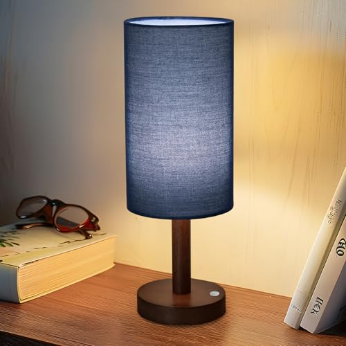 LALISU Small Table Lamp Nightstand Lamp Linen Lampshade Bedroom Wood Base Small Bedside Lamp for Night Stands, Desk Lamps for Reading Living Room, Office (LED Bulb Included) (Blue) - color: Blue