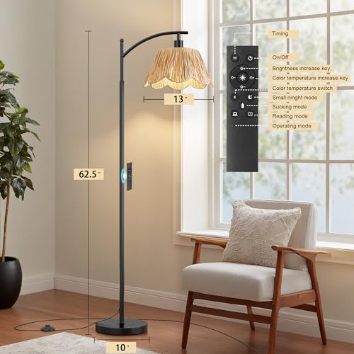 Oneach Boho Floor Lamp with 3 Color Temperatures, Farmhouse Floor Lamps for Living Room with Remote & Dimmable Bulb, Rattan Floor Lamp for Bedroom, Black - color: Pure Black