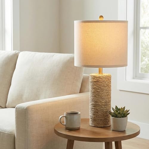 BOBOMOMO Boho Lamps Set of 2, 25.5" Coastal Farmhouse Bedside Lamps, Resin Woven Rattan-Look Nightstand Lamps with Linen Shade & Rotary Switch for Bedroom Living Room Home Decor