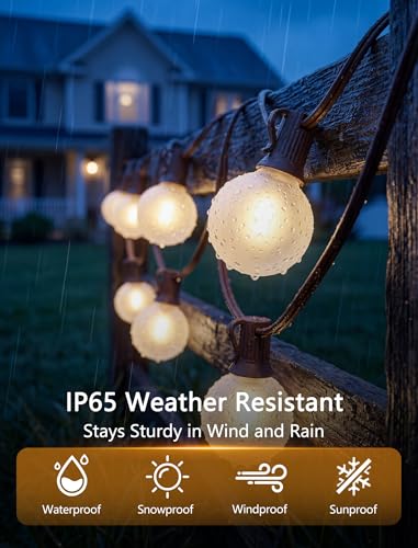 SUNSGNE 50FT Brown Outdoor Edison String Lights, Waterproof Shatterproof LED Globe String Lights with 50 G40 LED Frosted White Bulbs for Backyard Patio Porch Balcony Party Decor, E12 Base - color: Frosted White-Brown, size: 50FT