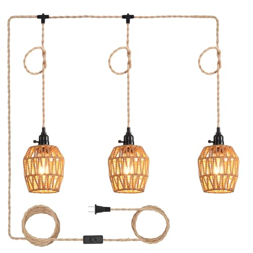 3 Light Plug in Pendant Light Rattan Hanging Lights with Switch 22FT Industrial Ceiling Light,Plug in Cord with Woven Hemp Rope Lamp Shade, Hanging Lamp Cord Farmhouse Cable DIY - color: 3 Light Style B