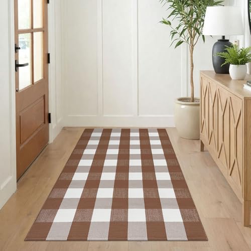 KILOCOCO Buffalo Plaid Checkered Rug 3'x5' Front Door Mat Outdoor Brown and White Entryway Rugs Cotton Washable Front Porch Rug Layered Doormats for Patio Farmhouse Entry Kitchen Laundry Room - color: Brown and White, size: 3' x 5' (Rectangular)