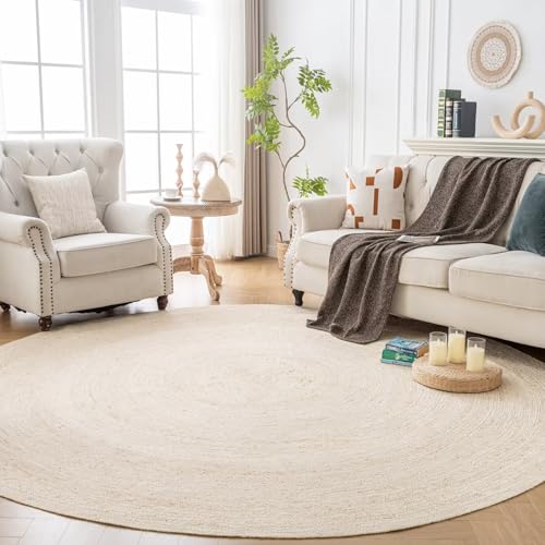Shatex White Round Rug 4 Feet, Hand Braided Textured Jute Rug Rustic Style for Home Decor, Bedroom, Living Room, 100% Natural Jute Fiber, Off-White - color: Off-white, size: 4' (Round)