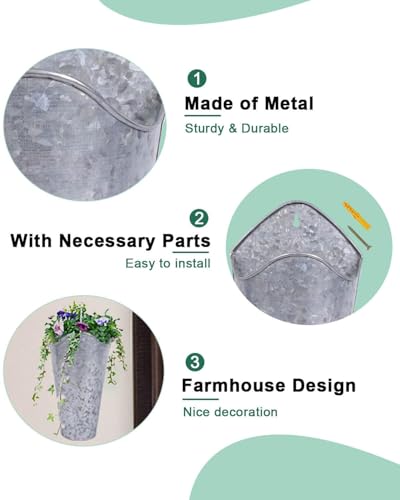 vensovo 12 Inches Galvanized Wall Planters - 2 Packs Metal Tin Vases for Flowers Indoors, Farmhouse Hanging Planter Tall Flower Holder for Country Decor Outdoors, Silver - color: Silver