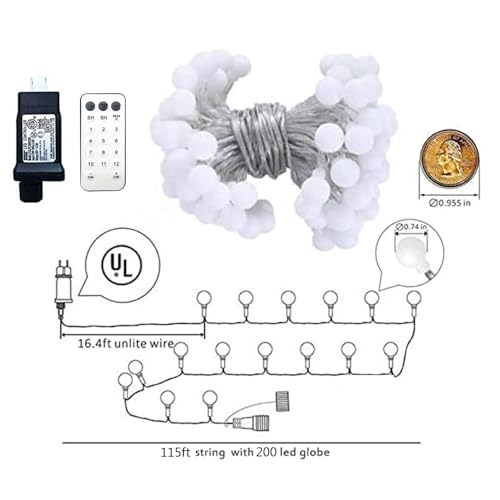 Globe String Lights 115 Feet 200 LED,Plug in Fairy String Lighting with Remote Timer Extendable, 8 Modes Indoor Outdoor String Lights for Wedding Bedroom Classroom Patio Garden - color: Warm White, size: 115ft