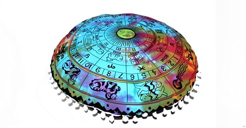 CRAFT KALA Boho Large Floor Pillow Pouf Cover Mandala Meditation Room Pillow Cover for Adults Round Bohemian Seating Pouf Cushion Cover for Kids Playroom 22" Multi Zodiac - color: Multi Color, size: 22" x 22" (Pack of 1)