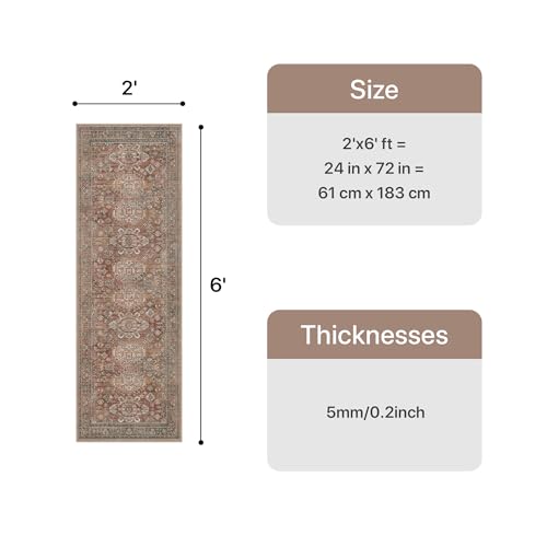 Bavni Washable Runner Rug 2x6, Non Slip Hallway Rug, Vintage Aesthetic Thin Low Pile Washable Carpet for Kitchen Bedroom Entryway, Brick - color: Brick, size: 2' x 6' (Rectangular)