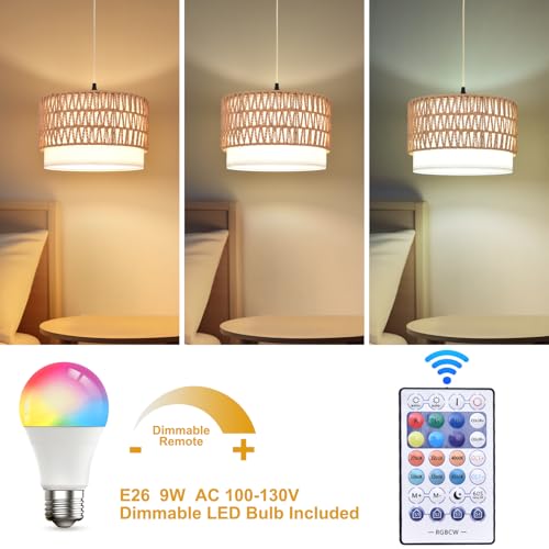 ZSLAIFU Hanging Lamp Plug in Pendant Light, 15FT Hanging Lights with Plug in Cord, Hanging Light with Smart RGBCCT Bulb and Remote, Hanging Lamps for Bedroom, Living Room, Kitchen, Farmhouse - color: Linen Rattan-White Shade