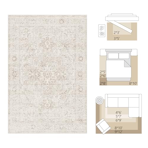 FMFUNCTEX 3x7 Runner Rug Beige Washable Vintage Neutral Oriental Distressed Non Slip Low Pile Indoor Carpet Soft Hallway Entryway Rug for Kitchen Living Room Bedroom Bathroom Laundry Entry Bedside - color: Beige, size: 3' x 7' (Rectangular)