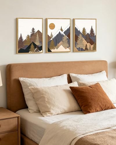 KUVIOKE Morden Boho Mountains Framed Wall Art Pine Tree Forest Nature Landscape Artwork Painting Bohemain Farmhouse Rustic Home Decor 11x14in (Natural Framed) - color: Wooden Mountain Froest, size: 11 x 14in x 3 Panels Natural
