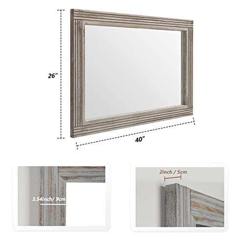 YOSHOOT Hand-Made Wooden Spliced Wall Mirror for Bathroom, Rustic Farmhouse Vanity Mirror, Décor Wall Art, Solid Wood Frame, Vertical or Horizontal Hanging - color: Spliced White Grey, size: 48"L x 30"W