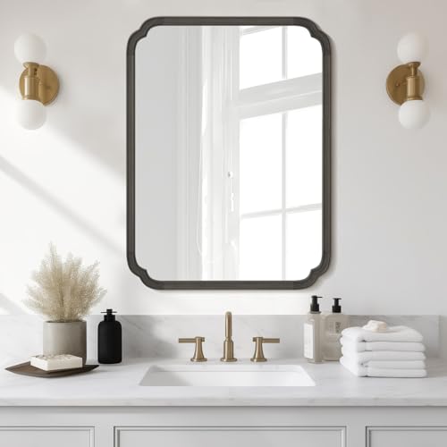 WallBeyond 30" x 40" Rounded Corner Arch Wall Mirror with Wood Frame for Entryway, Living Room or Bedroom Home Decor - Light Woodgrain [30 x 40 inches, Black] - color: Black a, size: 40"L x 30"W