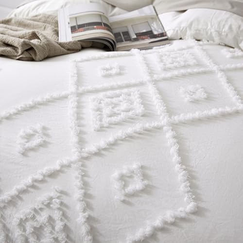 Oli Anderson Tufted Duvet Cover Queen Size, Soft and Lightweight Duvet Covers Set for All Seasons, 3 Pieces Boho Embroidery Shabby Chic Bedding Set (White, Queen, 90" x 90") - color: White, size: Full/Queen(90"×90")