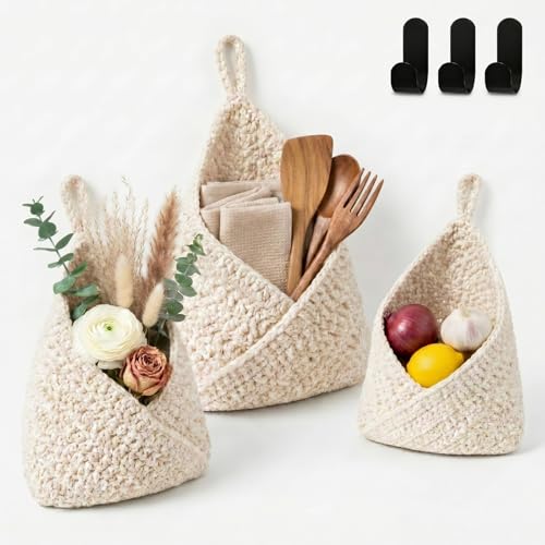 Honeydak Boho Decor Hanging Wall Baskets for Kitchen 3 Pack Teardrop Baskets with Hooks Storage Fruit Onion Vegetable Potato for Home 3 Sizes (White,Triangle,Cotton Rope) - color: White, size: Cotton Rope, style: Triangle