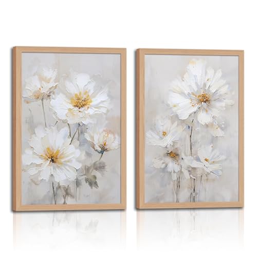 2pcs Framed Modern White Daisy Floral Wall Art -Watercolor Natural Beige Wildflower Canvas Painting -Elegant And Gentle Floral And Plant Artfor Living Room, Bedroom, Office Decor12x16in - color: Watercolor Natural Wildflowers, size: 12x16in