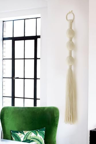 IOWER Macrame Wall Hanging Small Sphericity Cotton Textile Tassel Wall Hanging Fiber Yarn Art for Living Room Bedroom 27'' L x 2.3'' W - color: Ivory