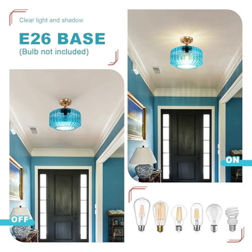 Antique Blue Close to Ceiling Fixture, 11 Inch Easy Install Semi Flush Ceiling Light, Glass Ceiling Light for Bathroom Laundry Coastal Apartment Hallway - color: Blue