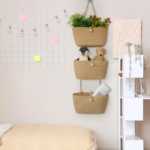 TeoKJ 3-Tier Hanging Baskets for Storage with Pearl Button Strap, Cotton Rope Over the Door Organizer, Wall-Mounted with Hook Decorative Hanging Nursery Baskets, Jute - color: Jute, style: 3 tier+Pearl Button