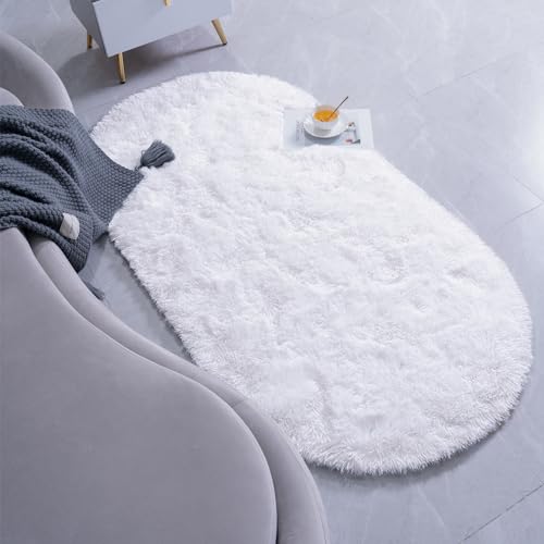 Goideal Fluffy Bedroom Rug, Small Oval Area Rugs, White Shag Bedside Carpet for Kids Room Nursery Dorm Cute Fuzzy Indoor Decor for Boy and Girl, 2.6 x 5.3 Feet - color: White