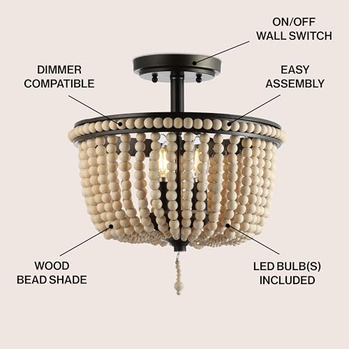 JONATHAN Y 14" Black and Light Taupe Wood Beaded LED Semi Flush Mount Light, Boho Farmhouse 3-Light Ceiling Chandelier with Cream Wood Bead Shade for Nursery, Bedroom JYL9020A - color: Black/Light Taupe