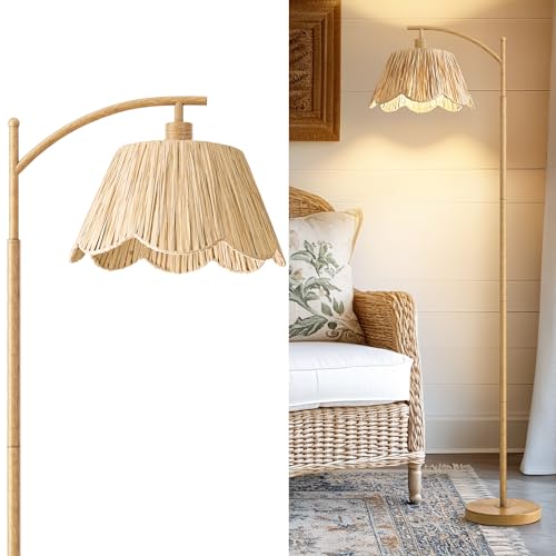 Oneach Boho Floor Lamp for Living Room, Farmhouse Standing Lamp with Foot Switch, Corner Reading Lamps for Bedroom with Hand-Woven Shade, Light Woodgrain Metal Base & Pole - color: Light Wood