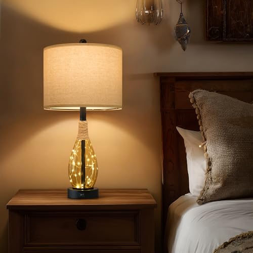 OYEARS 23" Table Lamps for Living Room Set of 2 Bedside Lamps for Night Stands Bedroom Lamps Farmhouse Rattan Boho Lamp Glass Nightlight End Table Lamp,Two Light Points - color: Tea Brown