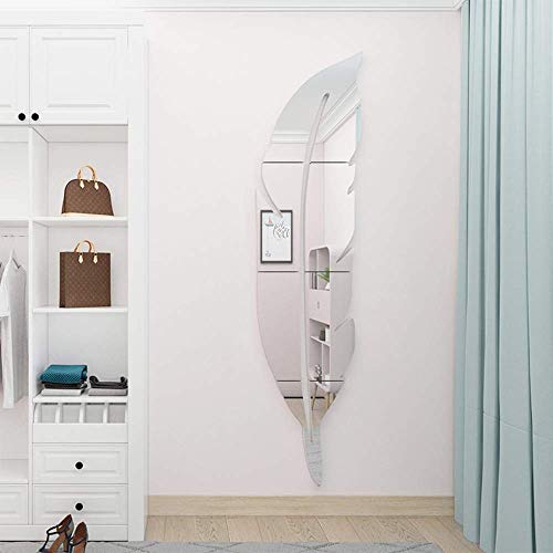 LZYMSZ 3D Acrylic Mirror Wall Decor Stickers, Feather Shaped DIY Self-Adhesive Wall Art Decals, Home Decorations for Living Room Bedroom Bathroom Office Kids Room(Silver