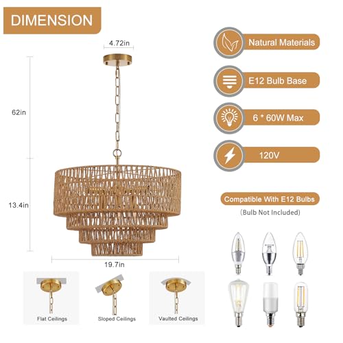 19.7" Gold Boho Rattan Chandelier, 6-Light Vintage Farmhouse Hand Woven Wicker Chandeliers Light Fixture, 4-Tier Rustic Drum Pendant Light for Dining Room Kitchen Island Living Room, E12 - color: Golden 19IN A