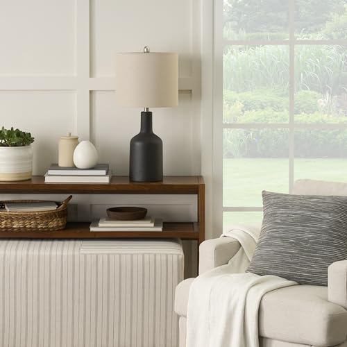 Nourison Home 22" Black Ceramic Table Lamp with Oatmeal Linen Shade for Modern Farmhouse, Bedside Lamp, Living Room Lamp, Small Accent Lamp for Dining Room - color: Black
