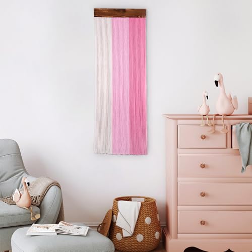 SCECALA Pink Small Macrame Wall Hanging Tapestry, Boho Hanging Macrame Pink Wall Art Boho Yarn Handmade Long Tapestry for Living Room Bedroom Modern Home Decor, 30.7x11.8 inch - color: Light Pink