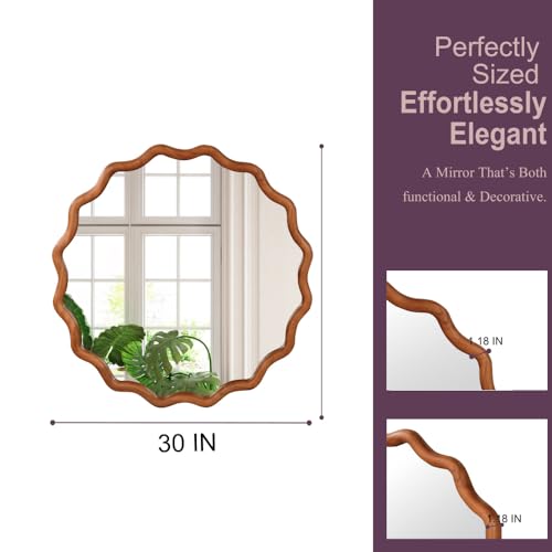 30" Wavy Round Wall Mirror with Solid Wood Frame, Country Irregular Decorative Mirror for Bathroom, Bedroom, Living Room & Entryway, HD Tempered Glass, No Distortion Vanity Mirror (Brown, 30") - color: Brown, size: 30"L x 30"W