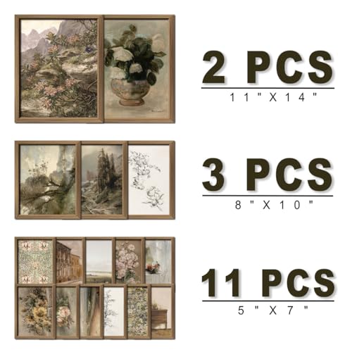 16 PCS Framed Vintage Wall Art Decor, French Country Farmhouse Gallery Wall Frame Set Prints for Bedroom Bathroom, Rustic Landscape Posters for Living Room Aesthetic, Cottagecore Dorm Home Collage Kit - color: Vintage tan, size: 12"x15" Framed