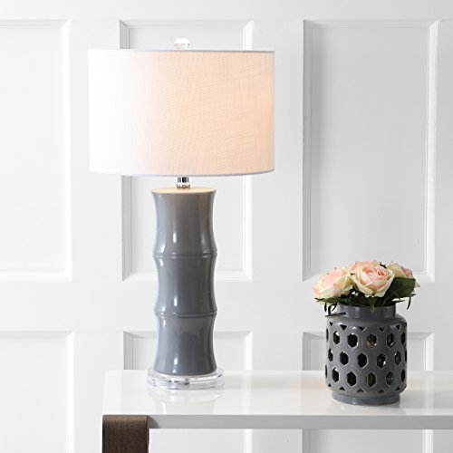JONATHAN Y 26.5" Gray Ceramic Table Lamp for Living Room, Bedroom Nightstand, White Linen Drum Shade, Bamboo Design Modern Bedside Desk Lamp with LED Bulb Included (JYL3015B) - color: Gray