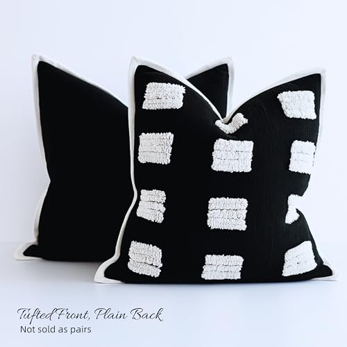 Tufted Boho Throw Pillow Cover, Soft and Luxurious Chenille Fabric, 18x18 inches, Decorative Black and White Pillowcase for Couch, Bedroom, Living Room, Modern Pillowcase for Home Decor - color: Black Base With White Textured Rectangles