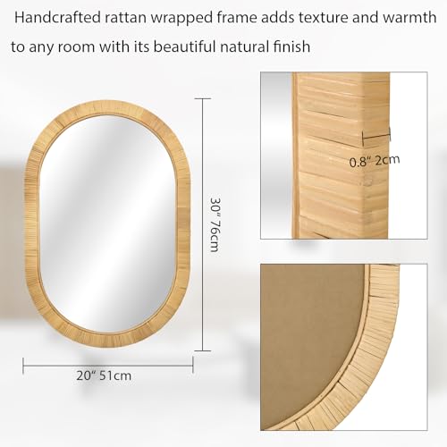 FUIN Handcrafted Rattan Oval Wall Mirror 20x30 – Natural Woven Wicker Frame for Boho Living Room & Entryway – High-Definition Shatter-Resistant Mirror – Vertical or Horizontal Biophilic Home Decor